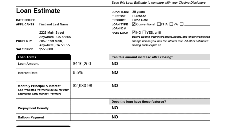 Loan Estimate Page One